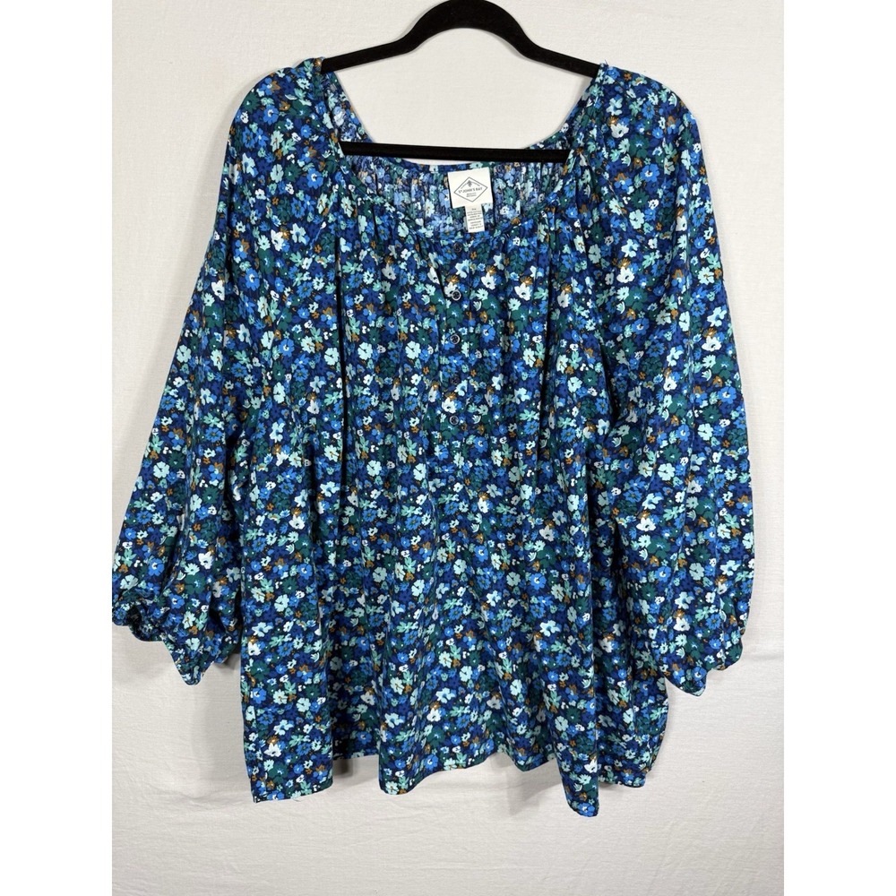 St Johns Bay Womens 3X Blue Floral Peasant Blouse Boho Long Sleeve Top Plus